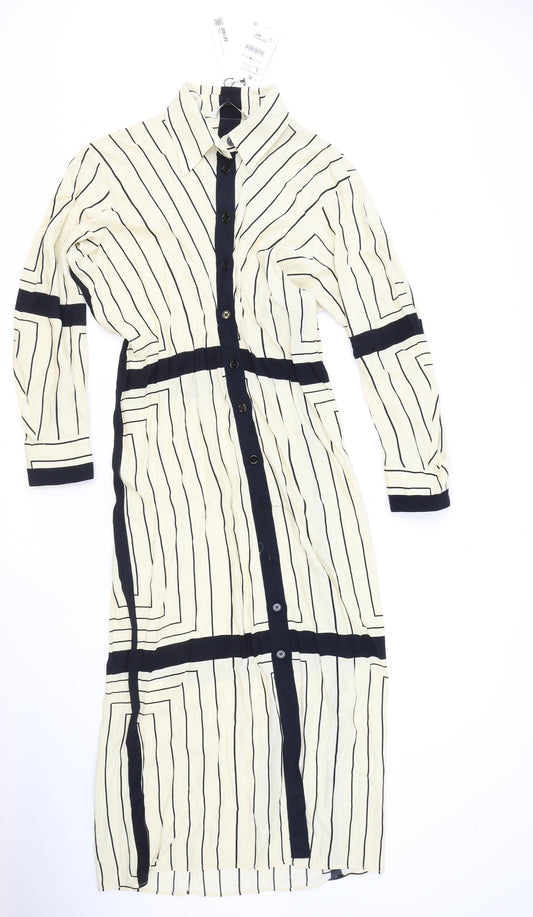 Zara Womens Beige Striped Viscose Shirt Dress Size L Collared Button