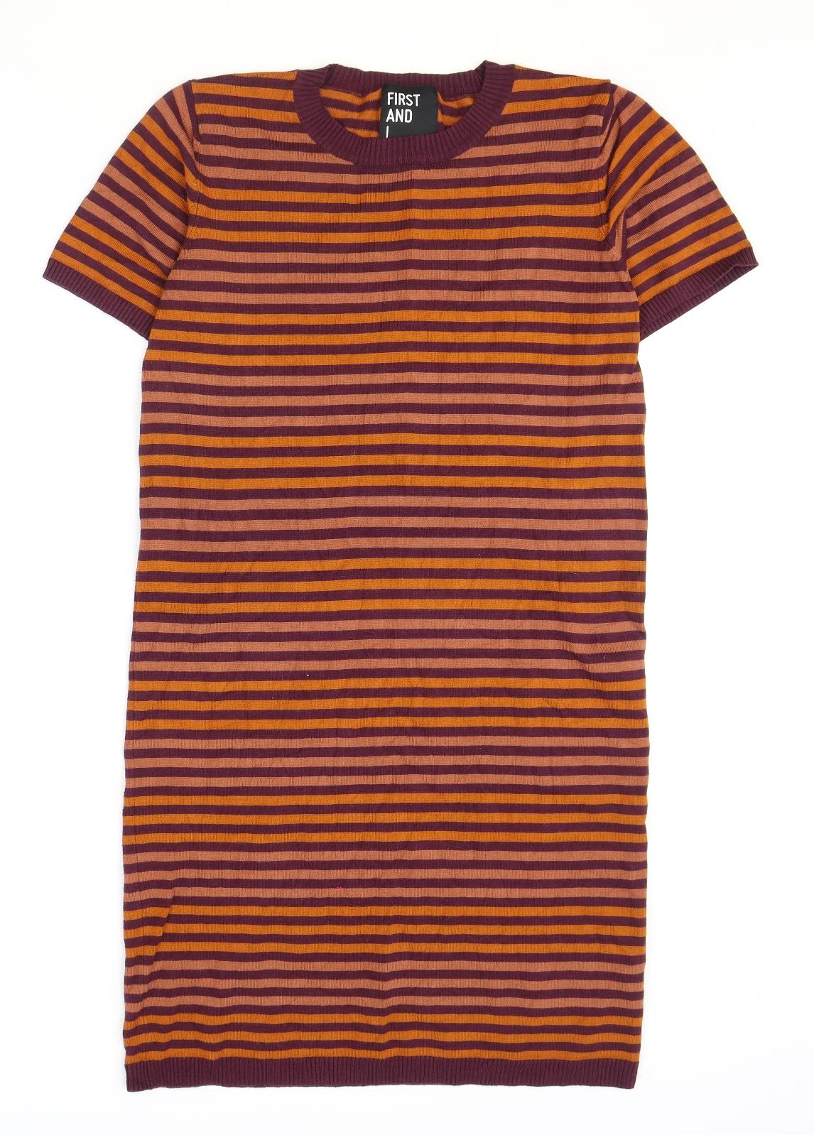 First and I Womens Red Striped Viscose Jumper Dress Size L Round Neck Pullover