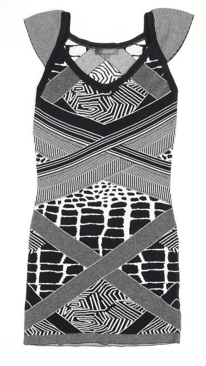 Marks and Spencer Womens Black Geometric Acrylic A-Line Size 8 V-Neck Pullover