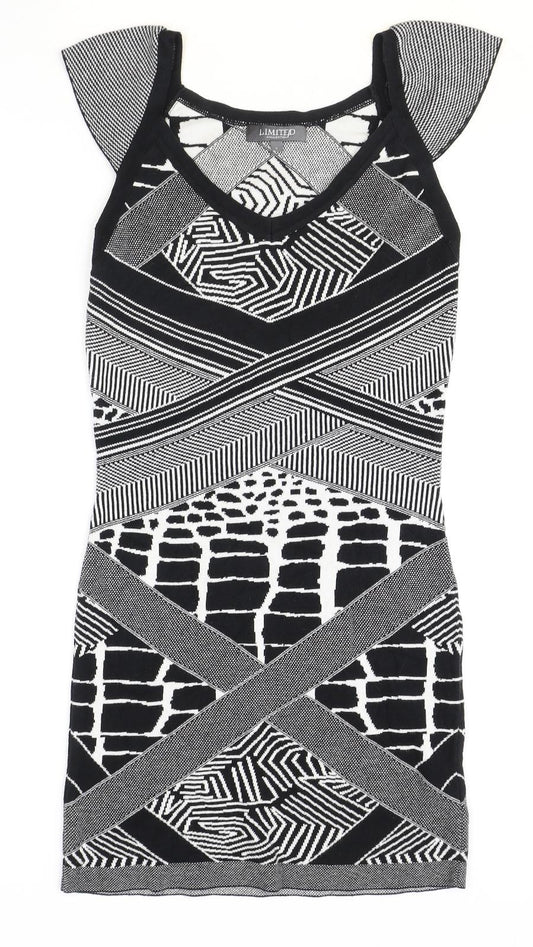 Marks and Spencer Womens Black Geometric Acrylic A-Line Size 8 V-Neck Pullover