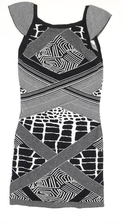 Marks and Spencer Womens Black Geometric Acrylic A-Line Size 8 V-Neck Pullover