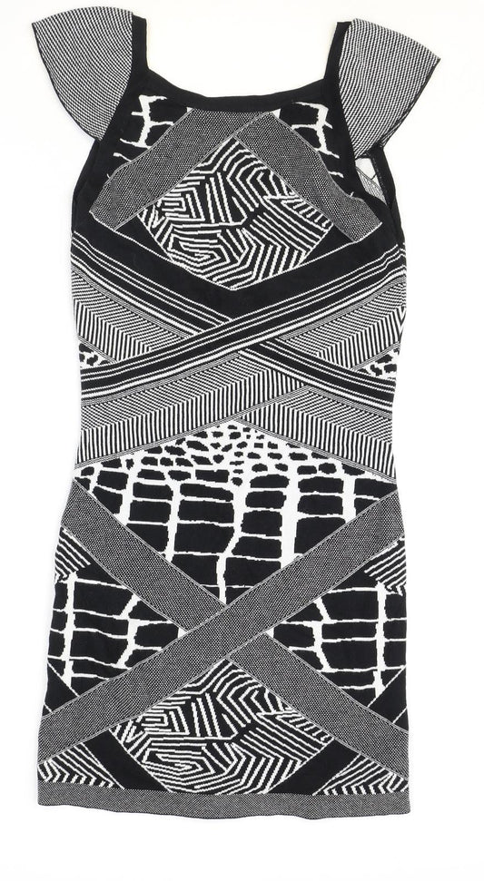 Marks and Spencer Womens Black Geometric Acrylic A-Line Size 8 V-Neck Pullover