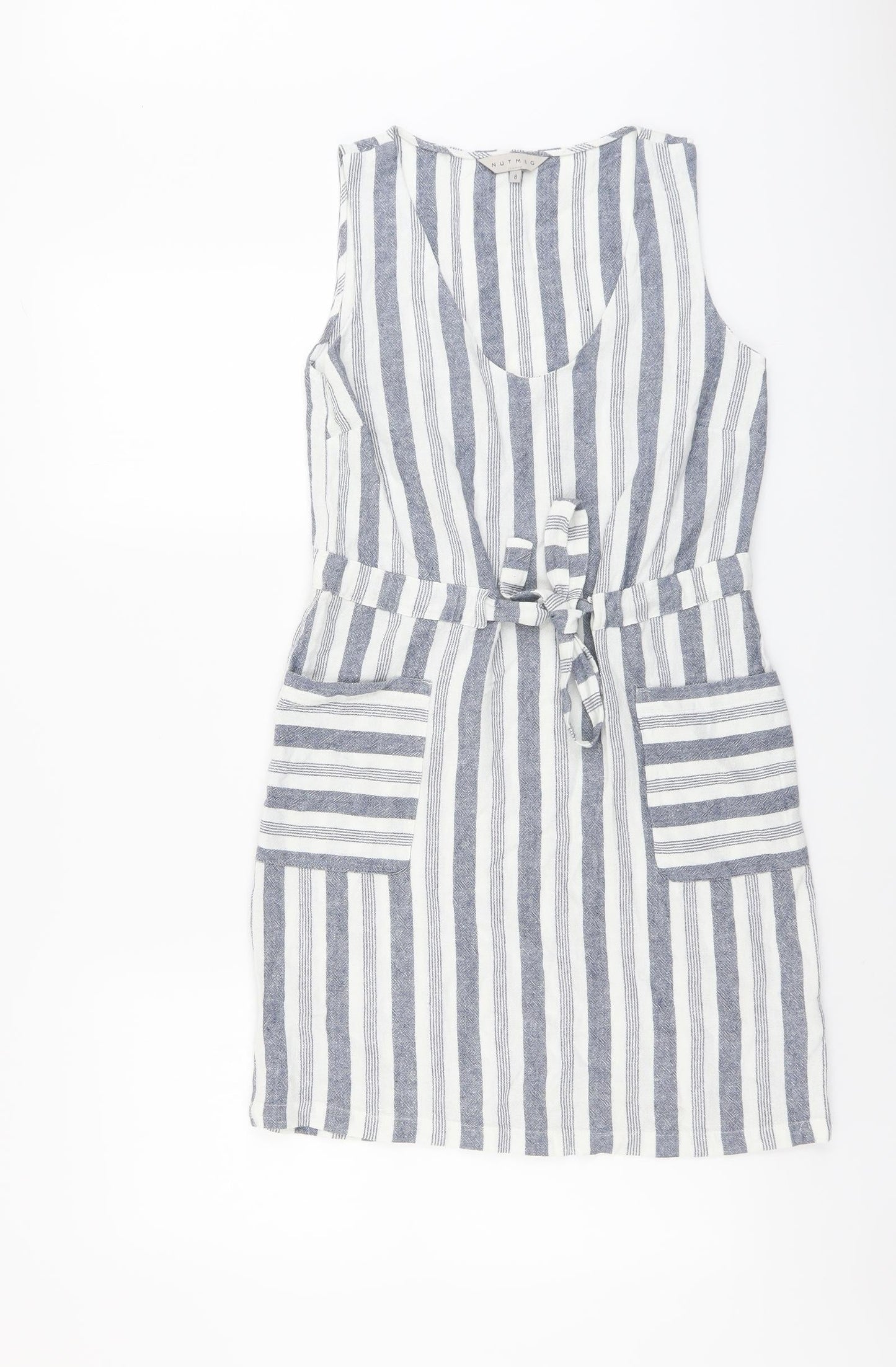 Nutmeg Womens Blue Striped Linen Pencil Dress Size 8 V-Neck Pullover