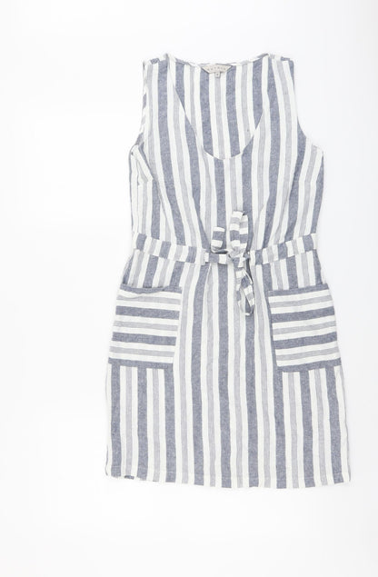 Nutmeg Womens Blue Striped Linen Pencil Dress Size 8 V-Neck Pullover
