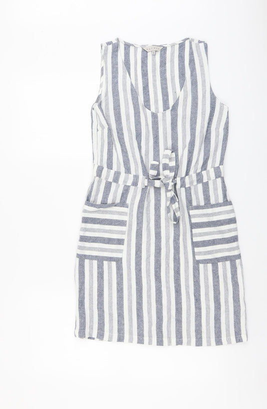 Nutmeg Womens Blue Striped Linen Pencil Dress Size 8 V-Neck Pullover