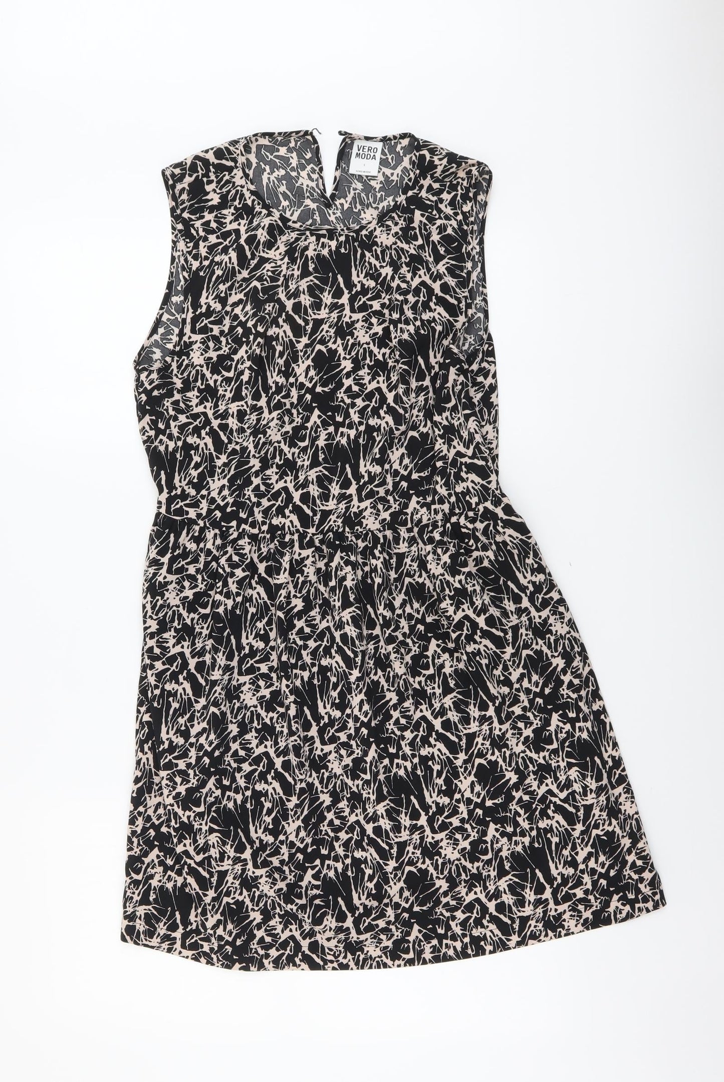 Vero Moda Womens Black Geometric Viscose A-Line Size S Round Neck Button