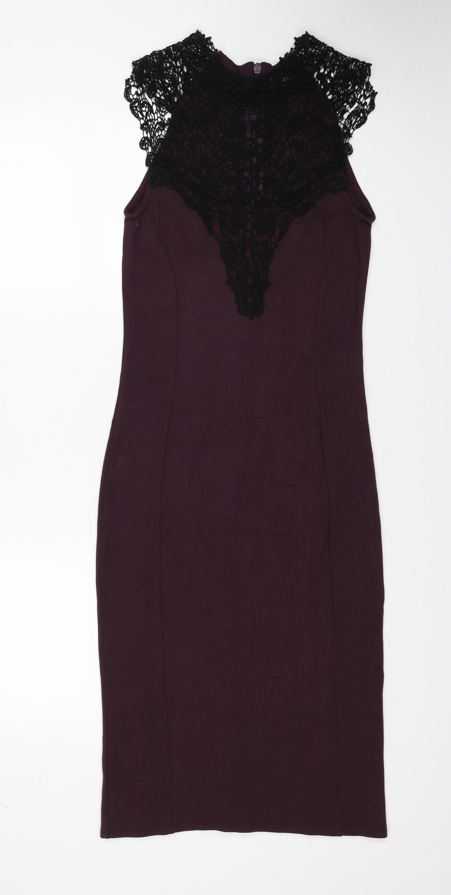 NEXT Womens Purple Viscose Pencil Dress Size 10 Round Neck Zip - Lace Detail