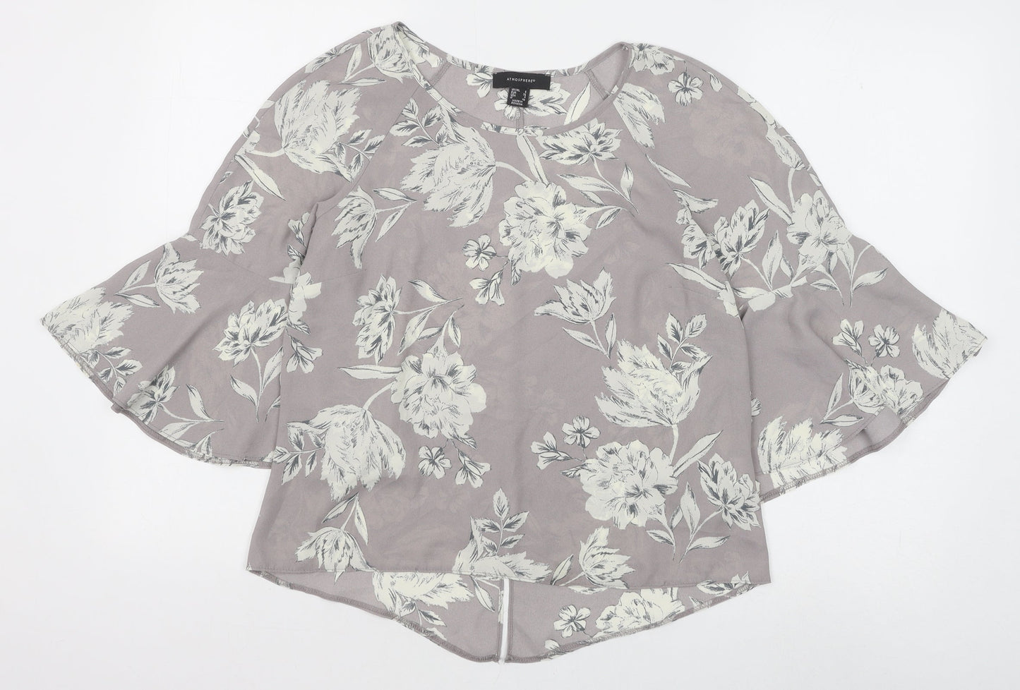 Primark Womens Grey Floral Polyester Basic Blouse Size 8 Boat Neck - Flute Sleeve