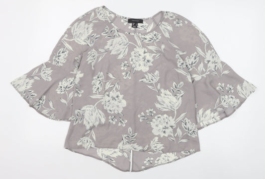 Primark Womens Grey Floral Polyester Basic Blouse Size 8 Boat Neck - Flute Sleeve