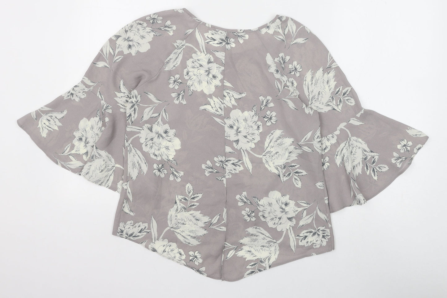 Primark Womens Grey Floral Polyester Basic Blouse Size 8 Boat Neck - Flute Sleeve