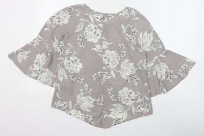 Primark Womens Grey Floral Polyester Basic Blouse Size 8 Boat Neck - Flute Sleeve
