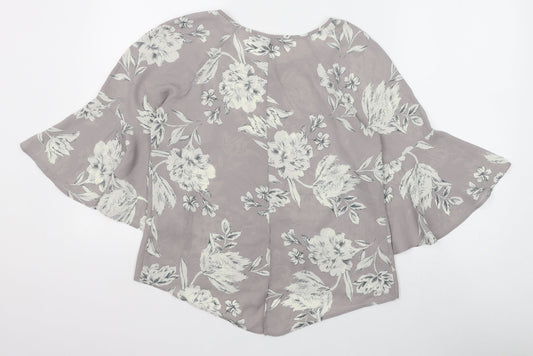 Primark Womens Grey Floral Polyester Basic Blouse Size 8 Boat Neck - Flute Sleeve