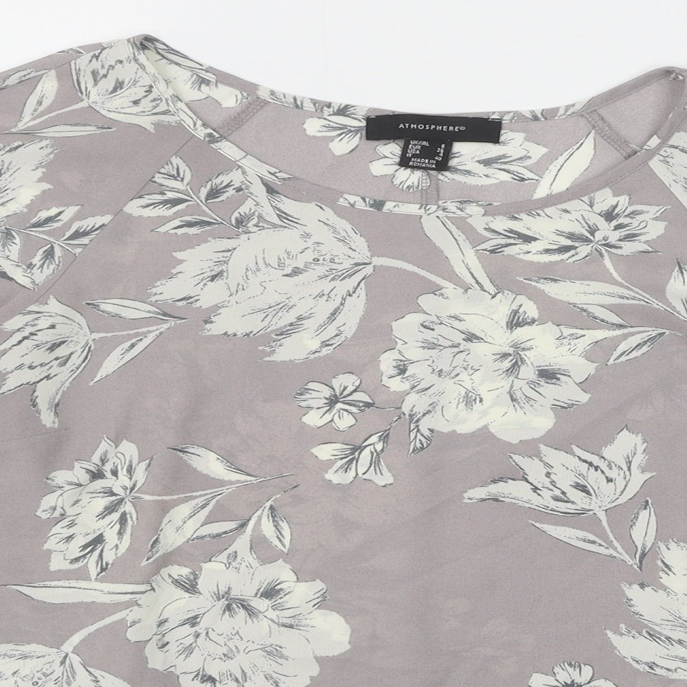 Primark Womens Grey Floral Polyester Basic Blouse Size 8 Boat Neck - Flute Sleeve