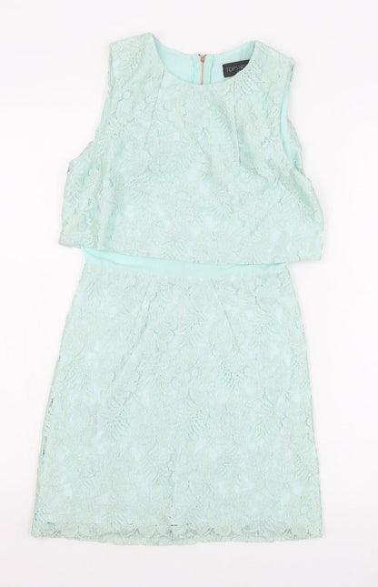 Topshop Womens Green Polyester Mini Size 4 Boat Neck Zip