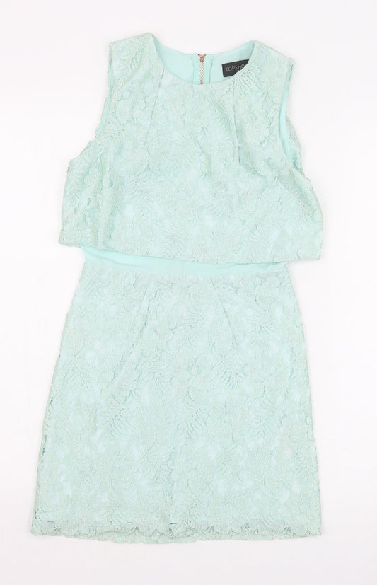 Topshop Womens Green Polyester Mini Size 4 Boat Neck Zip