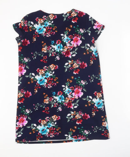 Boohoo Womens Blue Floral Polyester T-Shirt Dress Size 12 Boat Neck Pullover