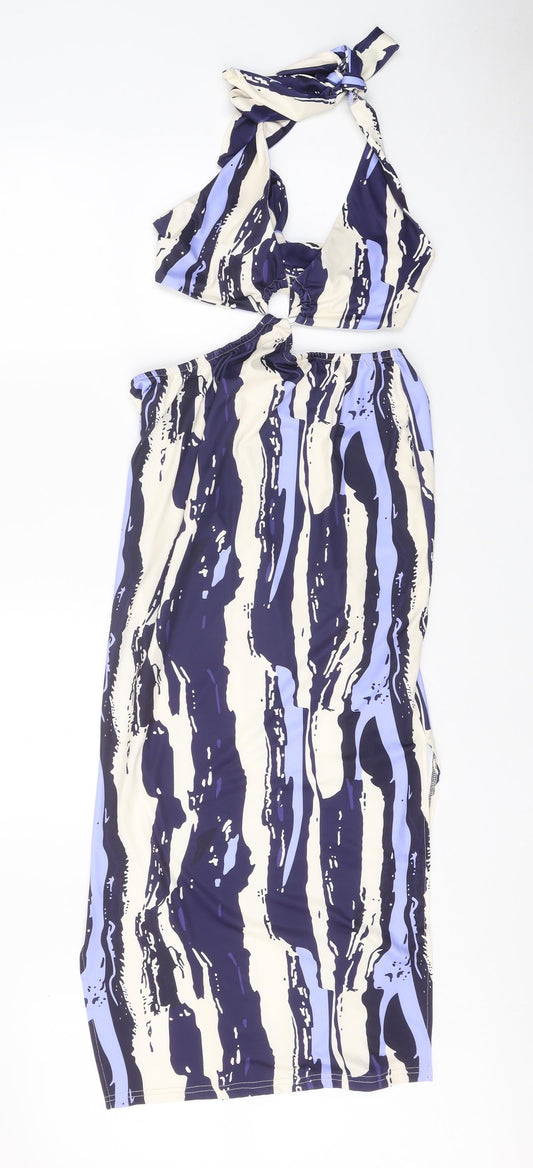 SheIn Womens Purple Geometric Polyester Bodycon Size L V-Neck Tie