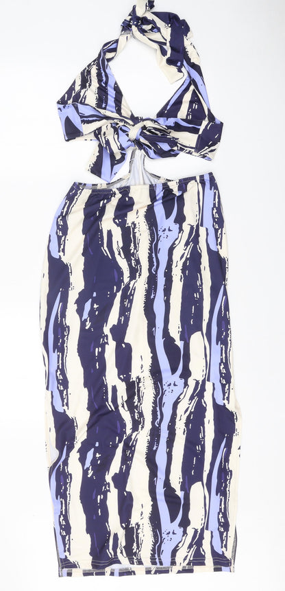 SheIn Womens Purple Geometric Polyester Bodycon Size L V-Neck Tie