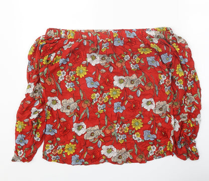 F&F Womens Red Floral Polyester Basic Blouse Size 6 Off the Shoulder