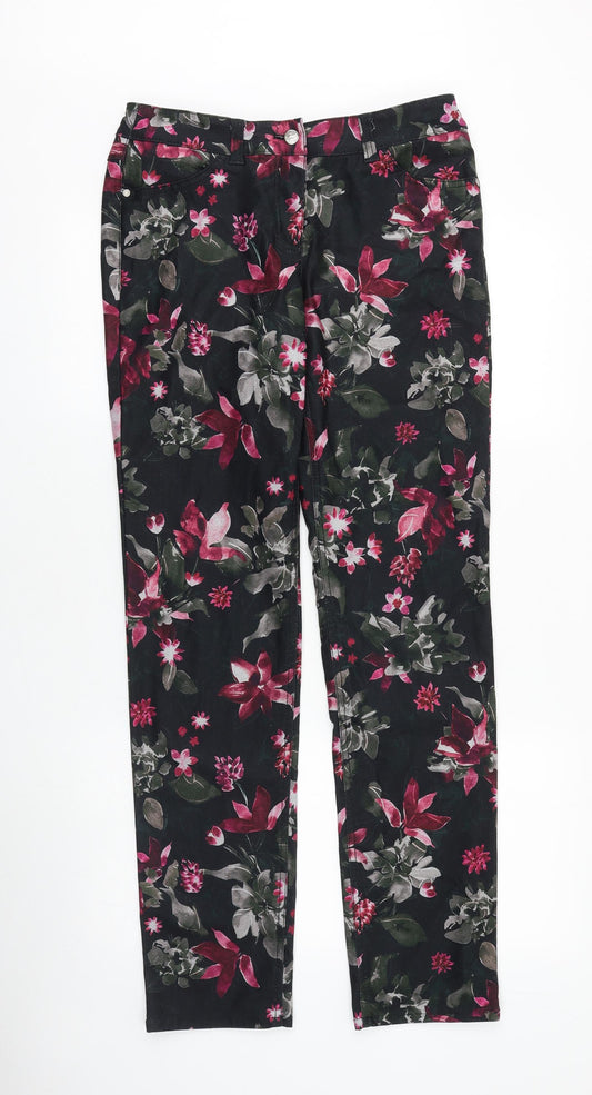 Gerry Weber Womens Black Floral Cotton Straight Jeans Size 14 Slim Zip