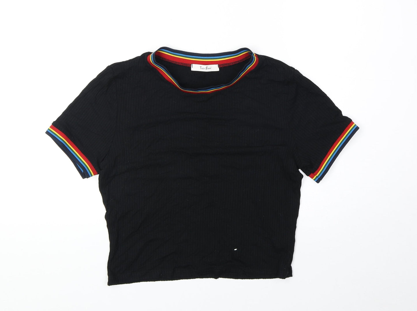 Trés Bien Womens Black Striped Viscose Cropped T-Shirt Size L Round Neck