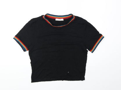 Trés Bien Womens Black Striped Viscose Cropped T-Shirt Size L Round Neck