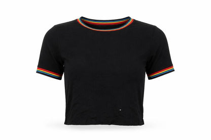 Trés Bien Womens Black Striped Viscose Cropped T-Shirt Size L Round Neck