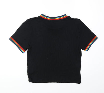 Trés Bien Womens Black Striped Viscose Cropped T-Shirt Size L Round Neck