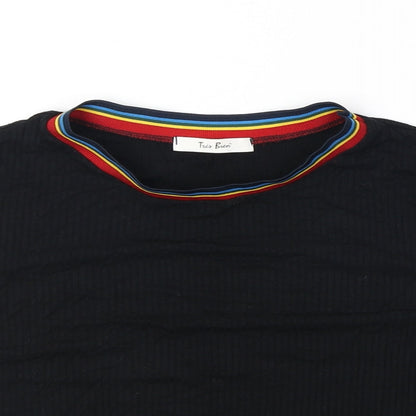 Trés Bien Womens Black Striped Viscose Cropped T-Shirt Size L Round Neck