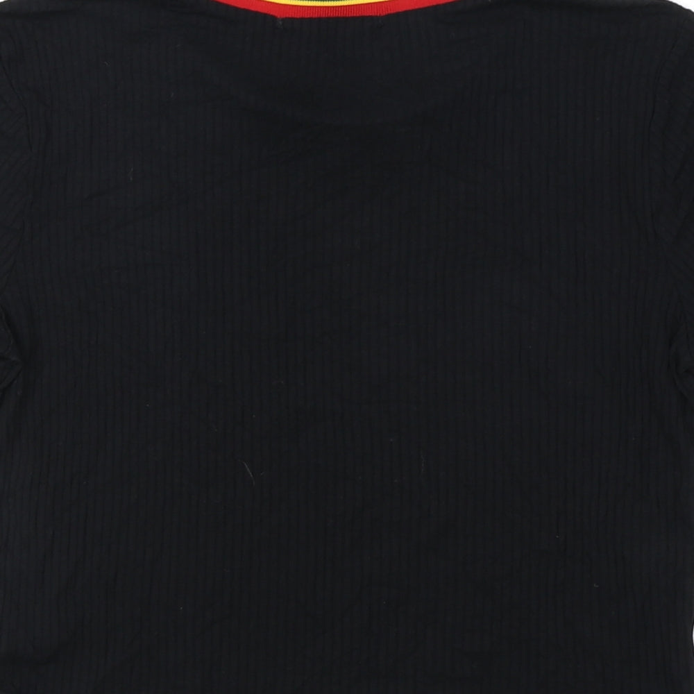 Trés Bien Womens Black Striped Viscose Cropped T-Shirt Size L Round Neck