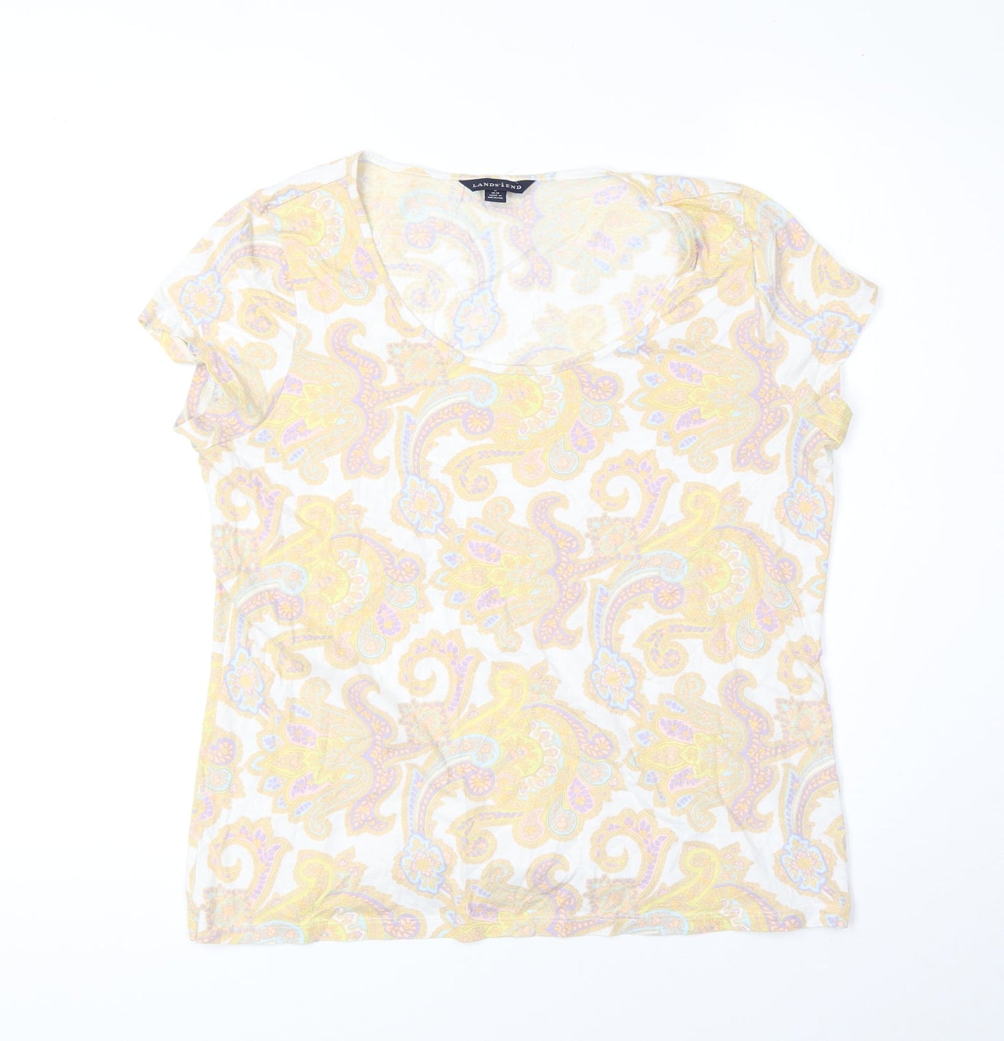 Lands' End Womens White Paisley Viscose Basic T-Shirt Size 10 Scoop Neck