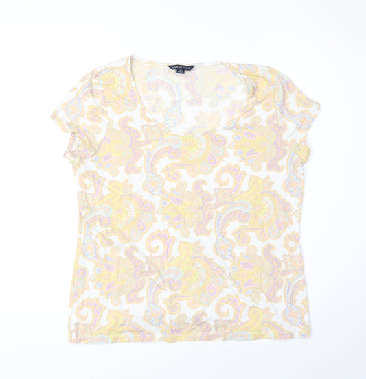 Lands' End Womens White Paisley Viscose Basic T-Shirt Size 10 Scoop Neck