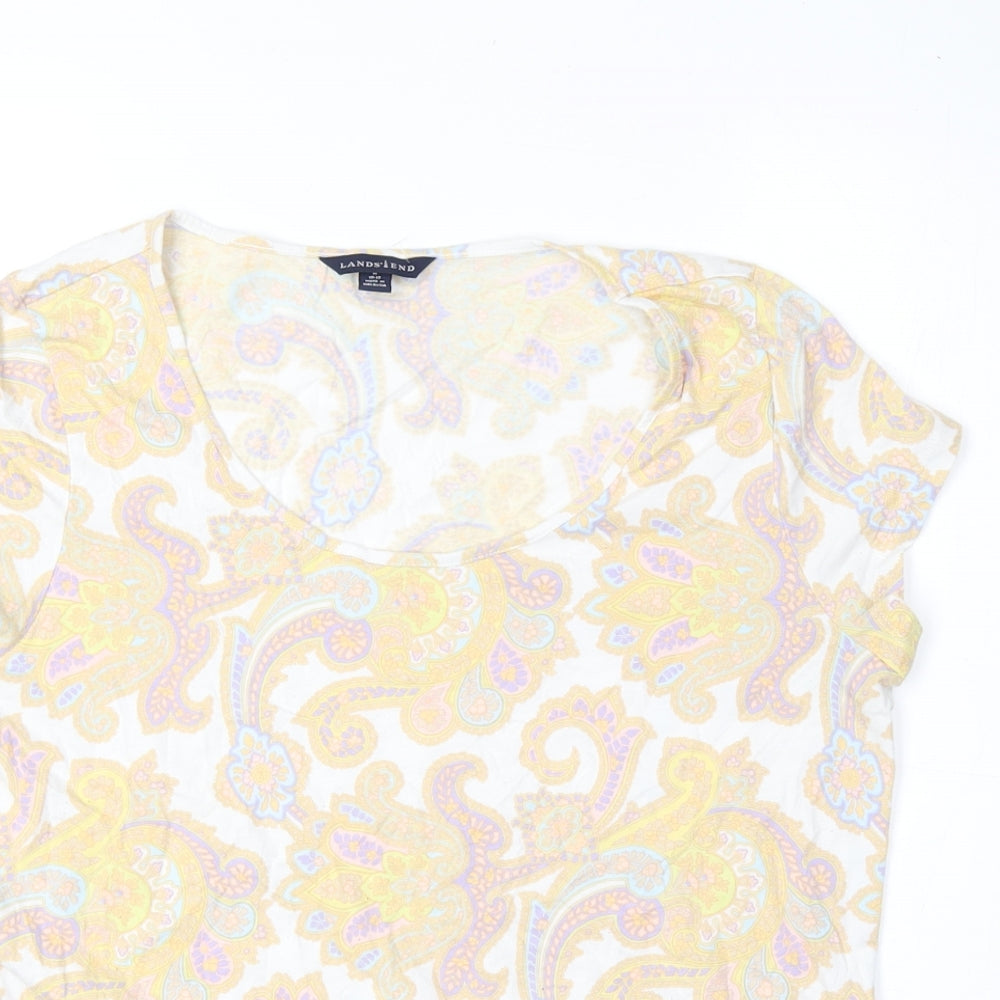Lands' End Womens White Paisley Viscose Basic T-Shirt Size 10 Scoop Neck