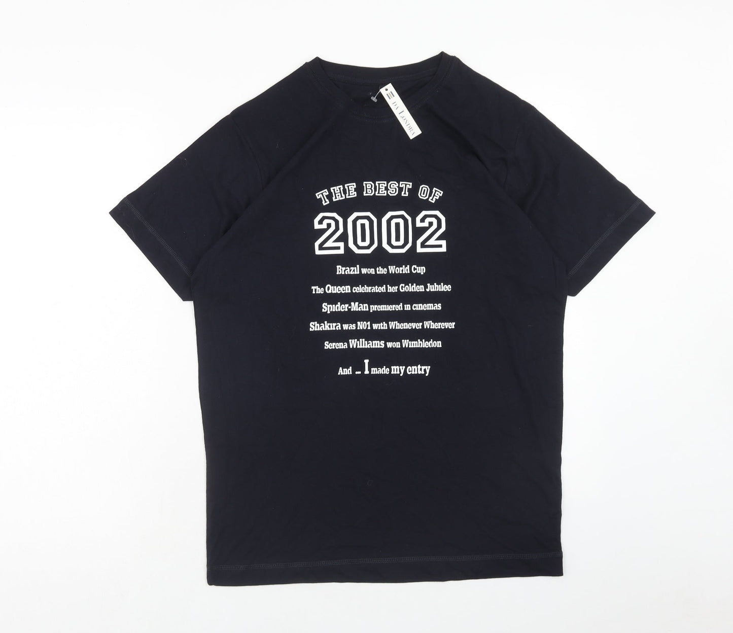 Da londra Womens Blue Cotton Basic T-Shirt Size M Round Neck - 2002 Birth Slogan