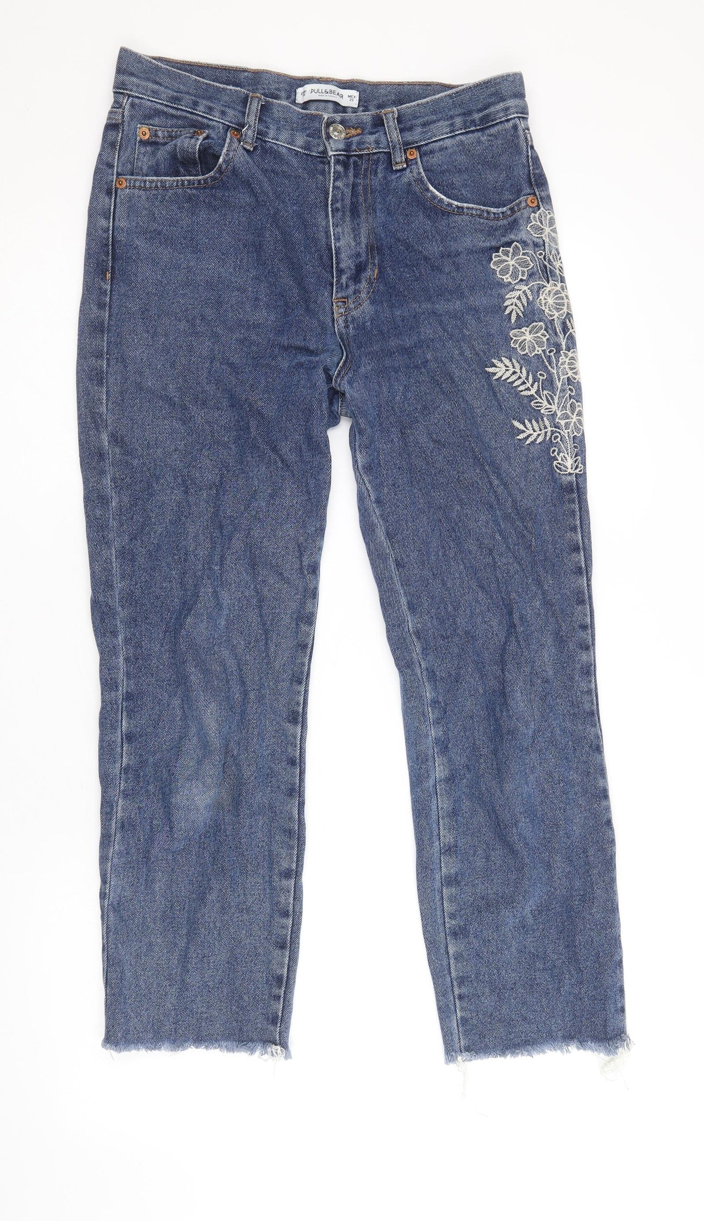 Pull&Bear Womens Blue Floral Cotton Straight Jeans Size 8 Regular Zip - Distressed Hems