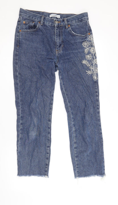 Pull&Bear Womens Blue Floral Cotton Straight Jeans Size 8 Regular Zip - Distressed Hems