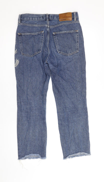 Pull&Bear Womens Blue Floral Cotton Straight Jeans Size 8 Regular Zip - Distressed Hems
