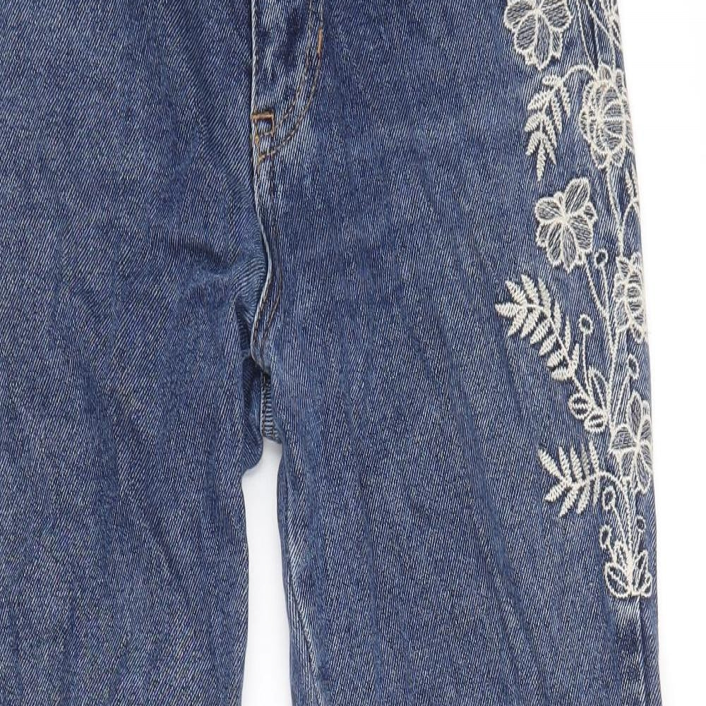 Pull&Bear Womens Blue Floral Cotton Straight Jeans Size 8 Regular Zip - Distressed Hems
