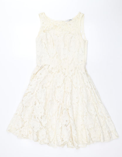 Red Herring Womens Ivory Cotton Skater Dress Size 6 Boat Neck Zip