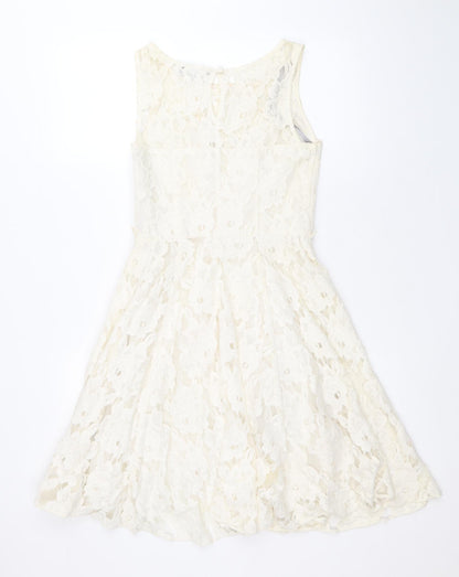 Red Herring Womens Ivory Cotton Skater Dress Size 6 Boat Neck Zip