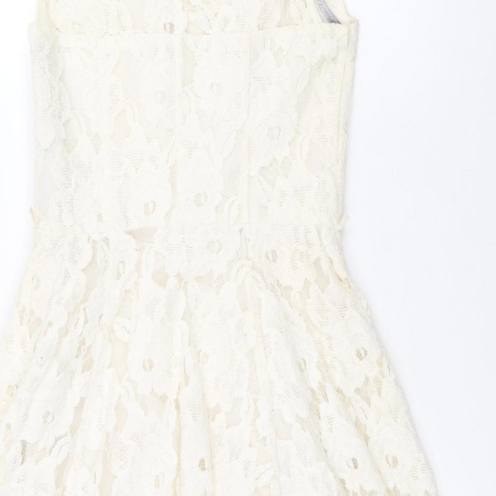 Red Herring Womens Ivory Cotton Skater Dress Size 6 Boat Neck Zip
