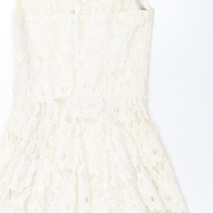 Red Herring Womens Ivory Cotton Skater Dress Size 6 Boat Neck Zip