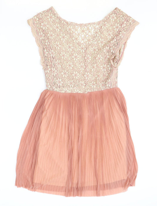 Miss Selfridge Womens Pink Herringbone Nylon Fit & Flare Size 8 Boat Neck Pullover