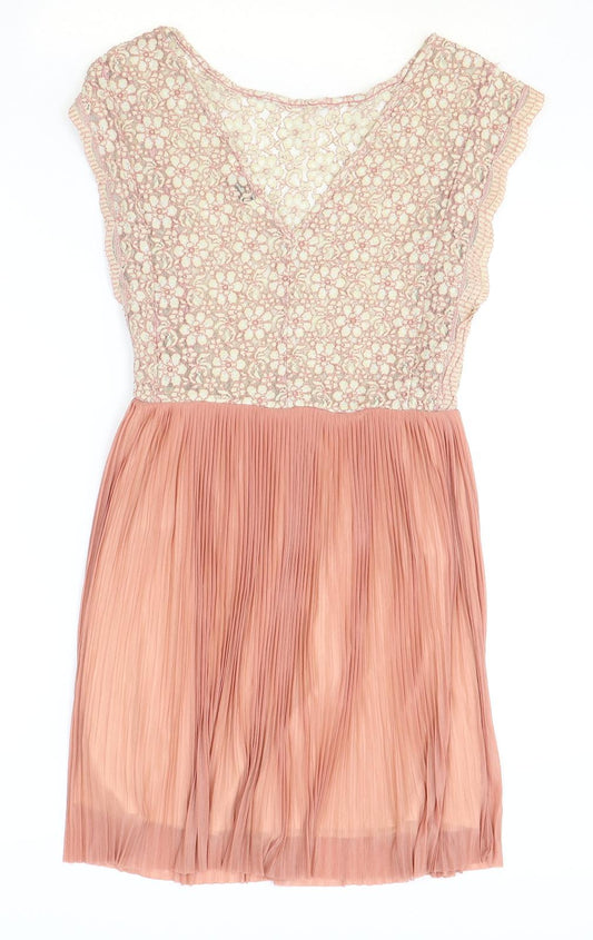 Miss Selfridge Womens Pink Herringbone Nylon Fit & Flare Size 8 Boat Neck Pullover