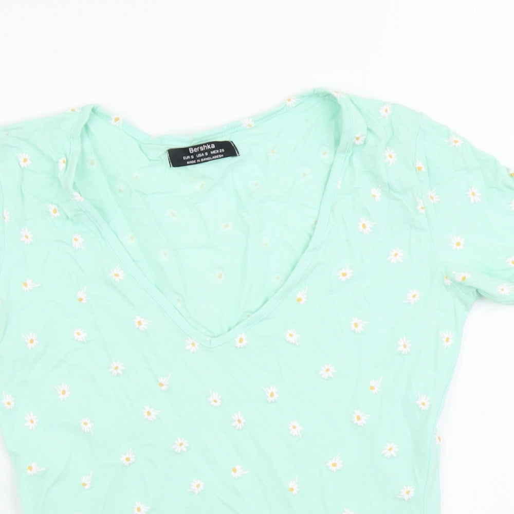 Bershka Womens Green Geometric Cotton Basic T-Shirt Size S V-Neck - Flower Detail