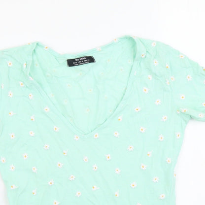 Bershka Womens Green Geometric Cotton Basic T-Shirt Size S V-Neck - Flower Detail