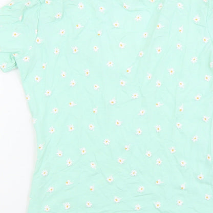 Bershka Womens Green Geometric Cotton Basic T-Shirt Size S V-Neck - Flower Detail