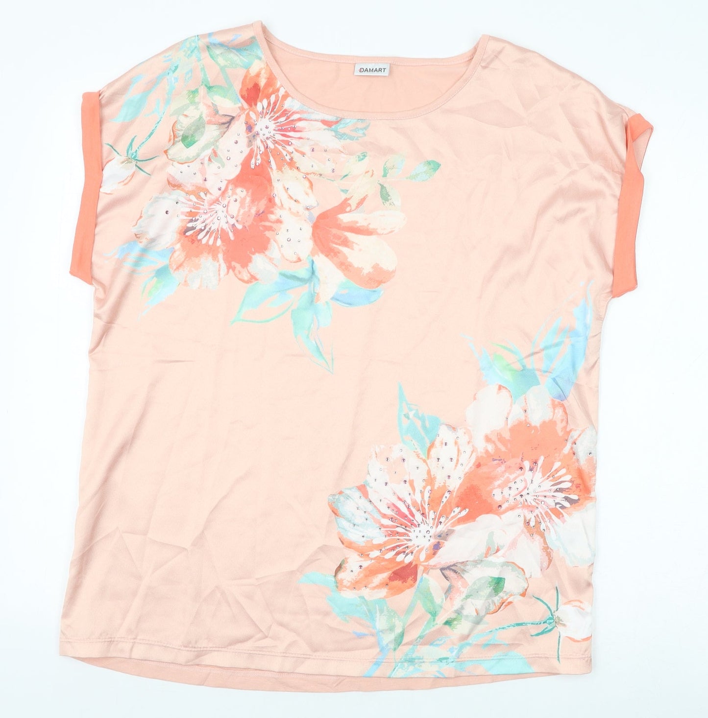 Damart Womens Orange Floral Polyester Basic Blouse Size 14 Scoop Neck