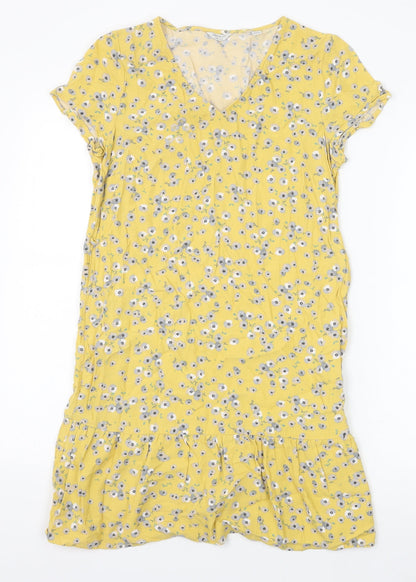 Jack Wills Womens Yellow Floral Viscose T-Shirt Dress Size 6 V-Neck Pullover