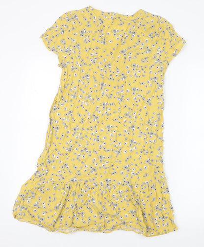 Jack Wills Womens Yellow Floral Viscose T-Shirt Dress Size 6 V-Neck Pullover
